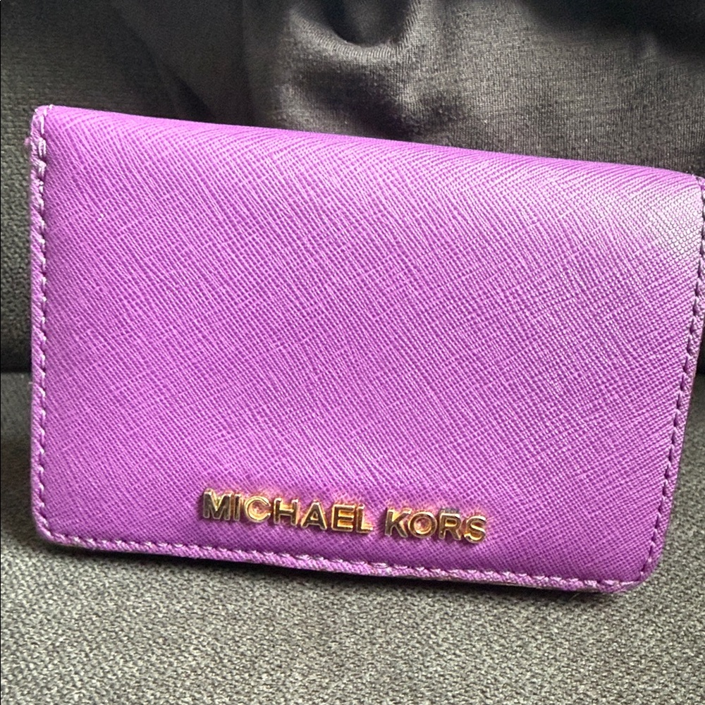 Michael Kors Purple Saffiano Leather Card Holder with Gold Logo